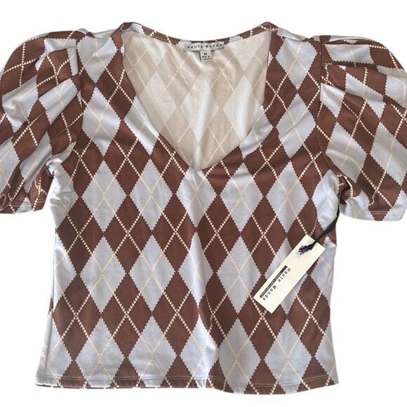Haute Monde Brown and Light Blue Argyle Plaid Print Crop Top Size Medium NWT - Picture 4 of 11